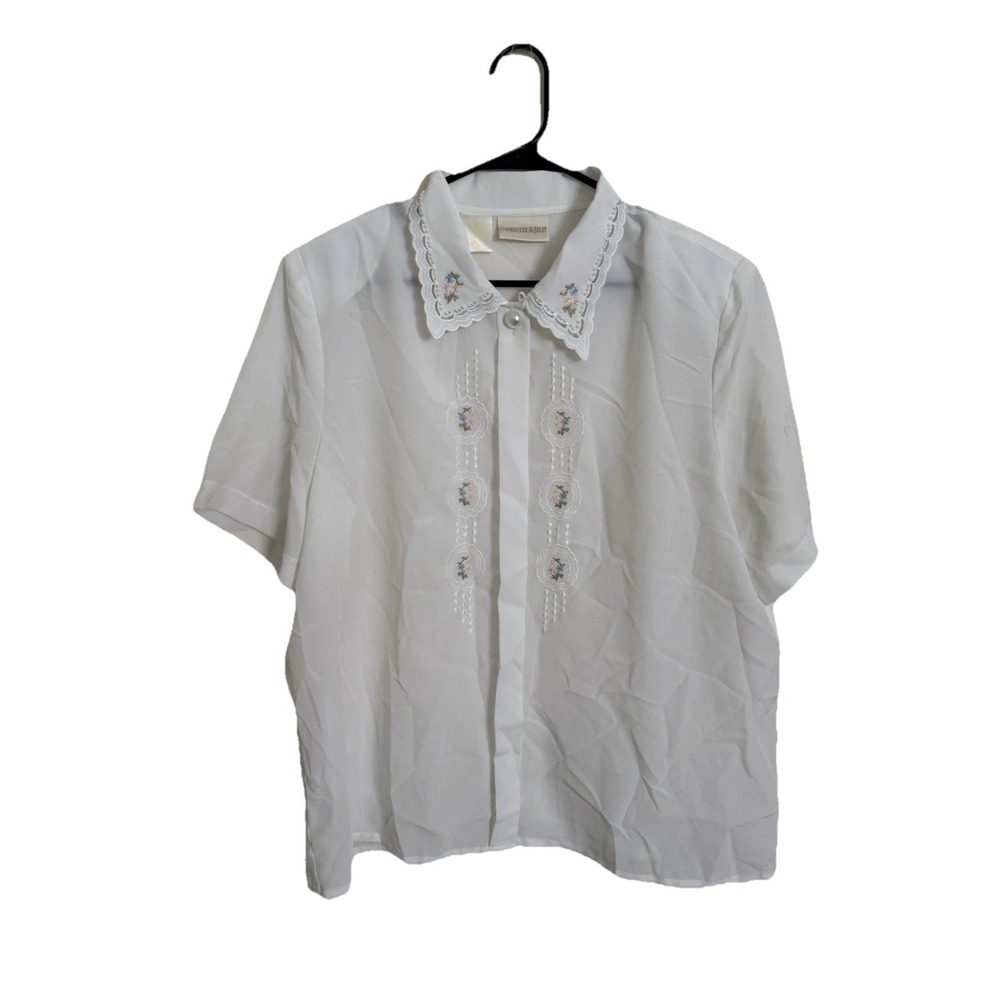 Vtg Christie & Jill Blouse White Floral Button Scallop Collar Embroidered Sheer